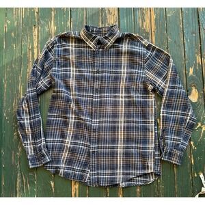St Johns Bay Mens Large Flannel Shirt Navy Blue Brown Plaid Long Sleeve Cotton